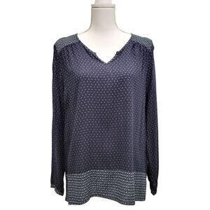 J Jill Peasant Blouse Women's Large Blue V-Neck Long Sleeve Geometric Dot Flowy